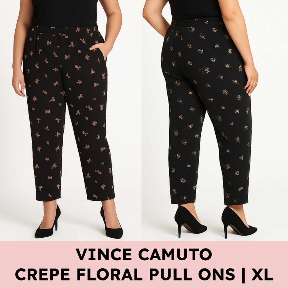 Vince Camuto Black Crepe Floral Pull-On Pants Romanticcore Workwear XL
